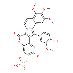 ChemSpider 2D Image | 14-(4-Hydroxy-3-methoxyphenyl)-2,10,11,12-tetramethoxy-6-oxo-6H-chromeno[4',3':4,5]pyrrolo[2,1-a]isoquinolin-3-yl hydrogen sulfate | C30H25NO12S