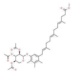 ChemSpider 2D Image | Methyl (4E,8E,12E)-4,8,12-trimethyl-14-{2,3,4-trimethyl-5-[(2,3,4-tri-O-acetyl-beta-D-xylopyranosyl)oxy]phenyl}-4,8,12-tetradecatrienoate | C38H54O10