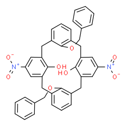 ChemSpider 2D Image | 26,28-Bis(benzyloxy)-11,23-dinitropentacyclo[19.3.1.1~3,7~.1~9,13~.1~15,19~]octacosa-1(25),3(28),4,6,9(27),10,12,15(26),16,18,21,23-dodecaene-25,27-diol | C42H34N2O8