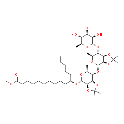 ChemSpider 2D Image | Methyl (11S)-11-{[6-deoxy-alpha-L-mannopyranosyl-(1->4)-6-deoxy-2,3-O-isopropylidene-alpha-L-mannopyranosyl-(1->4)-6-deoxy-2,3-O-isopropylidene-alpha-L-mannopyranosyl]oxy}hexadecanoate | C41H72O15