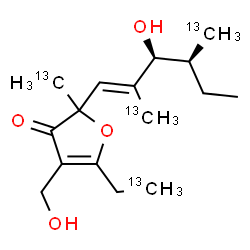 ChemSpider 2D Image | 5-[(2-~13~C)Ethyl]-2-{(1E,3S,4S)-3-hydroxy-2,4-bis[(~13~C)methyl]-1-hexen-1-yl}-4-(hydroxymethyl)-2-(~13~C)methyl-3(2H)-furanone | C1213C4H26O4