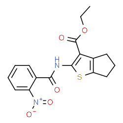 ChemSpider 2D Image | Ethyl 2-[(2-nitrobenzoyl)amino]-5,6-dihydro-4H-cyclopenta[b]thiophene-3-carboxylate | C17H16N2O5S