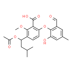 ChemSpider 2D Image | 3-(1-Acetoxy-3-methylbutyl)-6-(2-formyl-6-hydroxy-4-methylphenoxy)-2-methoxybenzoic acid | C23H26O8