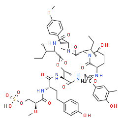 ChemSpider 2D Image | [(2R)-3-[[(1S)-1-[[(2S,5S,8S,11R,12S,15S,18S,21R)-21-hydroxy-15-[2-(4-hydroxy-3-methyl-phenyl)ethyl]-5-[(4-methoxyphenyl)methyl]-4,11-dimethyl-3,6,9,13,16,22-hexaoxo-2,8-disec-butyl-10-oxa-1,4,7,14,17-pentazabicyclo[16.3.1]docosan-12-yl]carbamoyl]-3-(4-hydroxyphenyl)propyl]amino]-2-methoxy-3-oxo-propyl] hydrogen sulfate | C57H79N7O18S