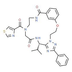 ChemSpider 2D Image | (10S)-10-Isopropyl-7-phenyl-14-(1,3-thiazol-4-ylcarbonyl)-2-oxa-5,6,8,11,14,17-hexaazatricyclo[17.3.1.0~5,9~]tricosa-1(23),6,8,19,21-pentaene-12,18-dione | C29H31N7O4S