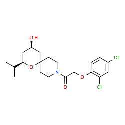 ChemSpider 2D Image | 2-(2,4-Dichlorophenoxy)-1-[(2R,4R)-4-hydroxy-2-isopropyl-1-oxa-9-azaspiro[5.5]undec-9-yl]ethanone | C20H27Cl2NO4