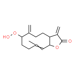 ChemSpider 2D Image | 7-Hydroperoxy-10-methyl-3,6-bis(methylene)-3a,4,5,6,7,8,9,11a-octahydrocyclodeca[b]furan-2(3H)-one | C15H20O4