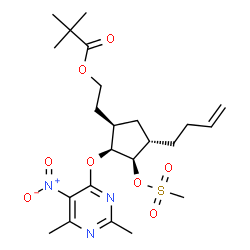 ChemSpider 2D Image | 2-{(1R,2S,3R,4S)-4-(3-Buten-1-yl)-2-[(2,6-dimethyl-5-nitro-4-pyrimidinyl)oxy]-3-[(methylsulfonyl)oxy]cyclopentyl}ethyl pivalate | C23H35N3O8S