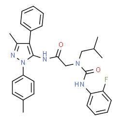ChemSpider 2D Image | N~2~-[(2-Fluorophenyl)carbamoyl]-N~2~-isobutyl-N-[3-methyl-1-(4-methylphenyl)-4-phenyl-1H-pyrazol-5-yl]glycinamide | C30H32FN5O2