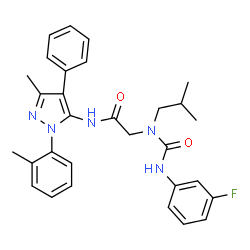ChemSpider 2D Image | N~2~-[(3-Fluorophenyl)carbamoyl]-N~2~-isobutyl-N-[3-methyl-1-(2-methylphenyl)-4-phenyl-1H-pyrazol-5-yl]glycinamide | C30H32FN5O2