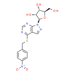 ChemSpider 2D Image | 4-[(4-Nitrobenzyl)sulfanyl]-1-(beta-D-ribofuranosyl)-1H-pyrazolo[3,4-d]pyrimidine | C17H17N5O6S
