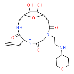 ChemSpider 2D Image | (1R,5R,12S)-13,14-Dihydroxy-5-(2-propyn-1-yl)-9-[2-(tetrahydro-2H-pyran-4-ylamino)ethyl]-15-oxa-3,6,9-triazabicyclo[10.2.1]pentadecane-4,7,10-trione | C21H32N4O7