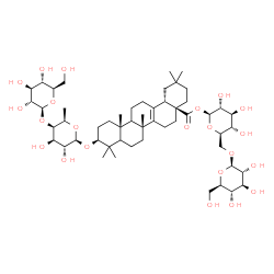 ChemSpider 2D Image | 1-O-{[(4aS,6bR,10S,12aR,14bS)-10-{[6-Deoxy-4-O-(beta-D-glucopyranosyl)-beta-D-galactopyranosyl]oxy}-2,2,6b,9,9,12a-hexamethyl-1,3,4,5,6,6b,7,8,8a,9,10,11,12,12a,12b,13,14,14b-octadecahydro-4a(2H)-pice
nyl]carbonyl}-6-O-beta-D-glucopyranosyl-beta-D-glucopyranose | C53H86O22