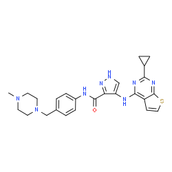ChemSpider 2D Image | 4-[(2-Cyclopropylthieno[2,3-d]pyrimidin-4-yl)amino]-N-{4-[(4-methyl-1-piperazinyl)methyl]phenyl}-1H-pyrazole-3-carboxamide | C25H28N8OS