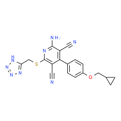 ChemSpider 2D Image | 2-Amino-4-[4-(cyclopropylmethoxy)phenyl]-6-[(1H-tetrazol-5-ylmethyl)sulfanyl]-3,5-pyridinedicarbonitrile | C19H16N8OS