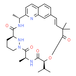 ChemSpider 2D Image | (2R,5S,11S,14S,18E)-14-Isopropyl-2,11,17,17-tetramethyl-15-oxa-3,9,12,26,29-pentaazatetracyclo[18.5.3.1~5,9~.0~23,27~]nonacosa-1(25),18,20(28),21,23,26-hexaene-4,10,13,16-tetrone | C30H39N5O5