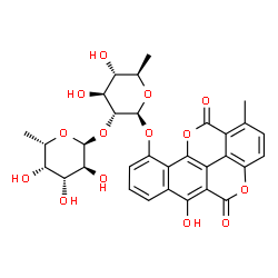 ChemSpider 2D Image | 6-Hydroxy-1-methyl-5,12-dioxo-5,12-dihydrobenzo[h]chromeno[5,4,3-cde]chromen-10-yl 6-deoxy-2-O-(6-deoxy-alpha-L-galactopyranosyl)-beta-D-glucopyranoside | C31H30O14