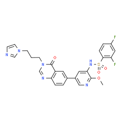 ChemSpider 2D Image | 2,4-Difluoro-N-(5-{3-[3-(1H-imidazol-1-yl)propyl]-4-oxo-3,4-dihydro-6-quinazolinyl}-2-methoxy-3-pyridinyl)benzenesulfonamide | C26H22F2N6O4S