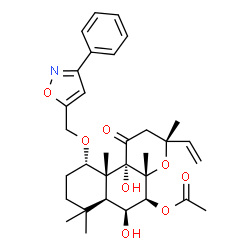 ChemSpider 2D Image | (3R,4aR,5S,6S,6aS,10S,10aR,10bS)-6,10b-Dihydroxy-3,4a,7,7,10a-pentamethyl-1-oxo-10-[(3-phenyl-1,2-oxazol-5-yl)methoxy]-3-vinyldodecahydro-1H-benzo[f]chromen-5-yl acetate | C32H41NO8