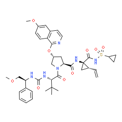 ChemSpider 2D Image | N-{[(1S)-2-Methoxy-1-phenylethyl]carbamoyl}-3-methyl-L-valyl-(4R)-N-{(1R,2S)-1-[(cyclopropylsulfonyl)carbamoyl]-2-vinylcyclopropyl}-4-[(6-methoxy-1-isoquinolinyl)oxy]-L-prolinamide | C40H50N6O9S