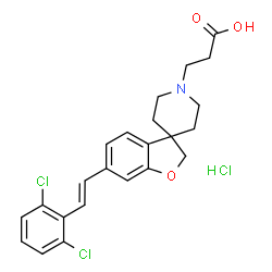 ChemSpider 2D Image | 3-{6-[(E)-2-(2,6-Dichlorophenyl)vinyl]-1'H-spiro[1-benzofuran-3,4'-piperidin]-1'-yl}propanoic acid hydrochloride (1:1) | C23H24Cl3NO3