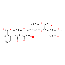 ChemSpider 2D Image | (2R,3R)-3,5-Dihydroxy-2-[3-(4-hydroxy-3-methoxyphenyl)-2-(hydroxymethyl)-2,3-dihydro-1,4-benzodioxin-6-yl]-4-oxo-3,4-dihydro-2H-chromen-7-yl benzoate | C32H26O11