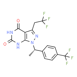 ChemSpider 2D Image | 3-(2,2,2-Trifluoroethyl)-1-{(1S)-1-[4-(trifluoromethyl)phenyl]ethyl}-1H-pyrazolo[3,4-d]pyrimidine-4,6(5H,7H)-dione | C16H12F6N4O2