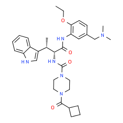 ChemSpider 2D Image | (betaS)-Nalpha-{[4-(Cyclobutylcarbonyl)-1-piperazinyl]carbonyl}-N-{5-[(dimethylamino)methyl]-2-ethoxyphenyl}-beta-methyl-D-tryptophanamide | C33H44N6O4