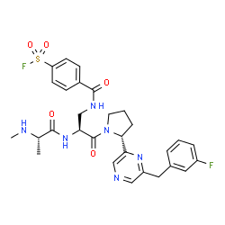 ChemSpider 2D Image | N-[(2S)-1-{(2R)-2-[6-(3-Fluorobenzyl)-2-pyrazinyl]-1-pyrrolidinyl}-3-{[4-(fluorosulfonyl)benzoyl]amino}-1-oxo-2-propanyl]-N~2~-methyl-L-alaninamide | C29H32F2N6O5S