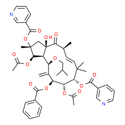 ChemSpider 2D Image | (2R,3R,3aS,4R,6S,7S,8S,10E,12S,13aR)-3,7-Diacetoxy-6-(benzoyloxy)-13a-hydroxy-4-isobutoxy-2,9,9,12-tetramethyl-5-methylene-13-oxo-2,3,3a,4,5,6,7,8,9,12,13,13a-dodecahydro-1H-cyclopenta[12]annulene-2,8
-diyl dinicotinate | C47H54N2O13