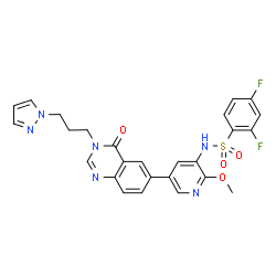 ChemSpider 2D Image | 2,4-Difluoro-N-(2-methoxy-5-{4-oxo-3-[3-(1H-pyrazol-1-yl)propyl]-3,4-dihydro-6-quinazolinyl}-3-pyridinyl)benzenesulfonamide | C26H22F2N6O4S