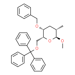 ChemSpider 2D Image | Methyl 4-O-benzyl-2,3-dideoxy-2-methyl-6-O-trityl-alpha-D-lyxo-hexopyranoside | C34H36O4
