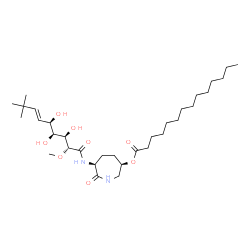 ChemSpider 2D Image | (3R,6S)-7-Oxo-6-{[(2R,3R,4S,5R,6E)-3,4,5-trihydroxy-2-methoxy-8,8-dimethyl-6-nonenoyl]amino}-3-azepanyl myristate | C32H58N2O8