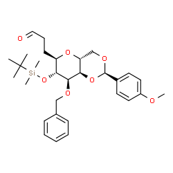 ChemSpider 2D Image | (1R)-1,5-Anhydro-3-O-benzyl-2-O-[dimethyl(2-methyl-2-propanyl)silyl]-4,6-O-(4-methoxybenzylidene)-1-(3-oxopropyl)-D-altritol | C30H42O7Si