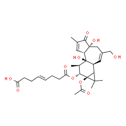 ChemSpider 2D Image | (4E)-8-{[(1bS,4aR,7aS,7bS,8R,9R,9aS)-9a-Acetoxy-4a,7b-dihydroxy-3-(hydroxymethyl)-1,1,6,8-tetramethyl-5-oxo-1a,1b,4,4a,5,7a,7b,8,9,9a-decahydro-1H-cyclopropa[3,4]benzo[1,2-e]azulen-9-yl]oxy}-8-oxo-4-o
ctenoic acid | C30H40O10