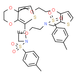 ChemSpider 2D Image | 18,24-Bis[(4-methylphenyl)sulfonyl]-5,6,8,9,11,12,17,18,19,20,22,23,24,25-tetradecahydrobisthieno[3,2-k:2',3'-v][1,4,7,10,17,14,20]pentaoxadiazacyclotricosine | C34H42N2O9S4