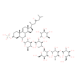 ChemSpider 2D Image | (3beta,5alpha,6alpha)-6-{[6-Deoxy-alpha-D-glucopyranosyl-(1->2)-[beta-D-galactopyranosyl-(1->3)-6-deoxy-beta-L-altropyranosyl-(1->2)-beta-D-galactopyranosyl-(1->4)]-beta-D-xylopyranosyl-(1->3)-6-deoxy
-alpha-D-glucopyranosyl]oxy}-23-oxocholest-9(11)-en-3-yl hydrogen sulfate | C62H102O32S