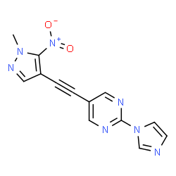 ChemSpider 2D Image | 2-(1H-Imidazol-1-yl)-5-[(1-methyl-5-nitro-1H-pyrazol-4-yl)ethynyl]pyrimidine | C13H9N7O2