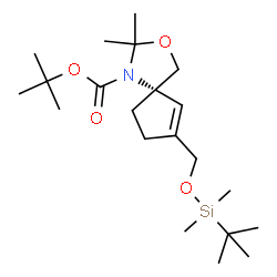 ChemSpider 2D Image | 2-Methyl-2-propanyl (5S)-7-({[dimethyl(2-methyl-2-propanyl)silyl]oxy}methyl)-2,2-dimethyl-3-oxa-1-azaspiro[4.4]non-6-ene-1-carboxylate | C21H39NO4Si