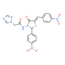 ChemSpider 2D Image | N-[(5Z)-5-(4-Nitrobenzylidene)-2-(4-nitrophenyl)-4-oxo-1,3-thiazolidin-3-yl]-2-(1H-1,2,4-triazol-1-yl)acetamide | C20H15N7O6S
