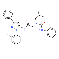 ChemSpider 2D Image | N-[1-(2,4-Dimethylphenyl)-3-phenyl-1H-pyrazol-5-yl]-N~2~-[(2-fluorophenyl)carbamoyl]-N~2~-isobutylglycinamide | C30H32FN5O2