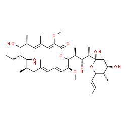 ChemSpider 2D Image | 2,4-Dideoxy-1-C-{(2S,3R,4S)-4-[(2R,3S,4E,6E,9R,10S,11S,12R,13R,14E,16Z)-11-ethyl-10,12-dihydroxy-3,17-dimethoxy-7,9,13,15-tetramethyl-18-oxooxacyclooctadeca-4,6,14,16-tetraen-2-yl]-3-hydroxy-2-pentany
l}-4-methyl-5-[(1E)-1-propen-1-yl]-alpha-D-threo-pentopyranose | C39H64O10