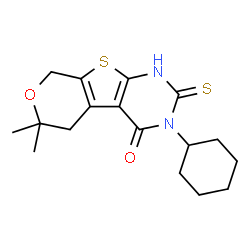 ChemSpider 2D Image | 3-Cyclohexyl-6,6-dimethyl-2-thioxo-1,2,3,5,6,8-hexahydro-4H-pyrano[4',3':4,5]thieno[2,3-d]pyrimidin-4-one | C17H22N2O2S2