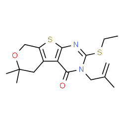 ChemSpider 2D Image | 2-(Ethylsulfanyl)-6,6-dimethyl-3-(2-methyl-2-propen-1-yl)-3,5,6,8-tetrahydro-4H-pyrano[4',3':4,5]thieno[2,3-d]pyrimidin-4-one | C17H22N2O2S2