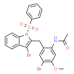 ChemSpider 2D Image | N-(4-Bromo-2-{[3-bromo-1-(phenylsulfonyl)-1H-indol-2-yl]methyl}-5-methoxyphenyl)acetamide | C24H20Br2N2O4S
