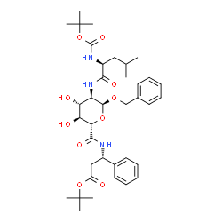 ChemSpider 2D Image | 2-Methyl-2-propanyl (3S)-3-({[(2S,3S,4R,5R,6S)-6-(benzyloxy)-3,4-dihydroxy-5-{[(2S)-4-methyl-2-({[(2-methyl-2-propanyl)oxy]carbonyl}amino)pentanoyl]amino}tetrahydro-2H-pyran-2-yl]carbonyl}amino)-3-phe
nylpropanoate | C37H53N3O10