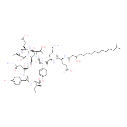 ChemSpider 2D Image | N-(3-Hydroxy-14-methylpentadecanoyl)-L-alpha-glutamyl-N-[(4S,7R,10S,13S,19R,22S,25R,28S)-10-(3-amino-3-oxopropyl)-4-[(2S)-2-butanyl]-22-(2-carboxyethyl)-19-ethyl-7-(4-hydroxybenzyl)-25-[(1S)-1-hydroxy
ethyl]-3,6,9,12,18,21,24,27-octaoxo-2-oxa-5,8,11,17,20,23,26-heptaazatricyclo[28.2.2.0~13,17~]tetratriaconta-1(32),30,33-trien-28-yl]-D-ornithinamide | C73H112N12O20