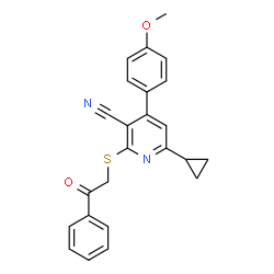 ChemSpider 2D Image | 6-Cyclopropyl-4-(4-methoxyphenyl)-2-[(2-oxo-2-phenylethyl)sulfanyl]nicotinonitrile | C24H20N2O2S