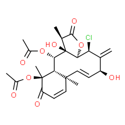 ChemSpider 2D Image | (1R,3aR,4S,6S,7E,8aS,12S,12aS,13S,13aR)-4-Chloro-6,13a-dihydroxy-1,8a,12-trimethyl-5-methylene-2,11-dioxo-1,2,3a,4,5,6,8a,11,12,12a,13,13a-dodecahydrobenzo[4,5]cyclodeca[1,2-b]furan-12,13-diyl diaceta
te | C24H29ClO9