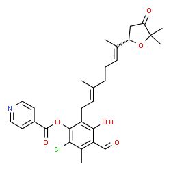 ChemSpider 2D Image | 2-Chloro-6-{(2E,6E)-7-[(2S)-5,5-dimethyl-4-oxotetrahydro-2-furanyl]-3-methyl-2,6-octadien-1-yl}-4-formyl-5-hydroxy-3-methylphenyl isonicotinate | C29H32ClNO6